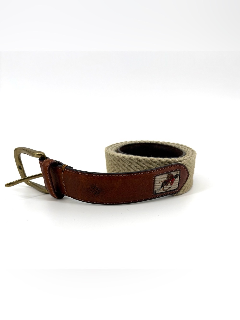 Columbia Sportswear Fly Fishing Belt Men 40 Khaki Canvas Leather Web Lure Trout